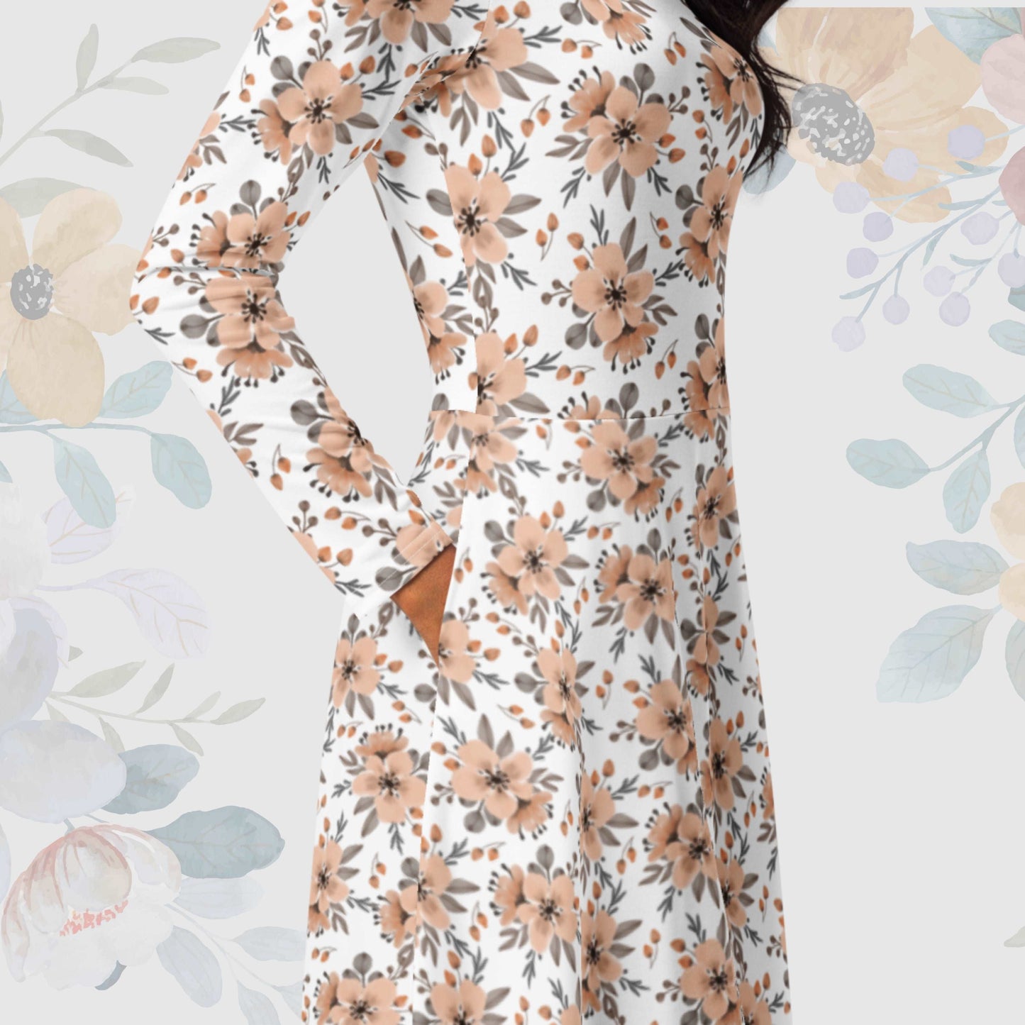 Custom Women's Flower Pattern Long Sleeve Midi Dress with Pockets | PERSONALIZED - ChoreGirl