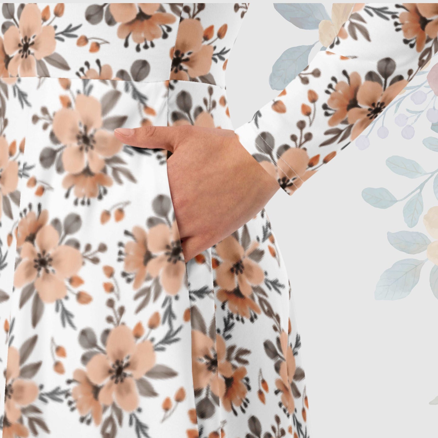 Custom Women's Flower Pattern Long Sleeve Midi Dress with Pockets | PERSONALIZED - ChoreGirl