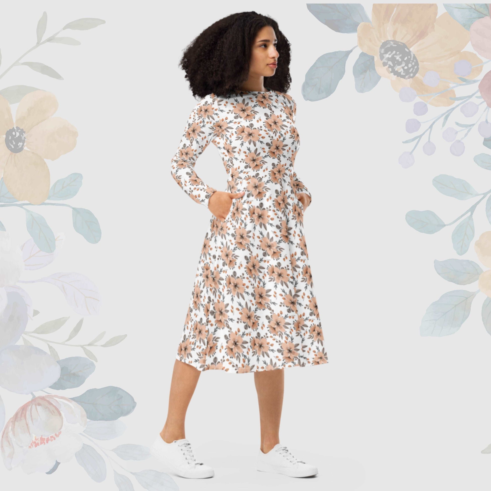 Custom Women's Flower Pattern Long Sleeve Midi Dress with Pockets | PERSONALIZED - ChoreGirl