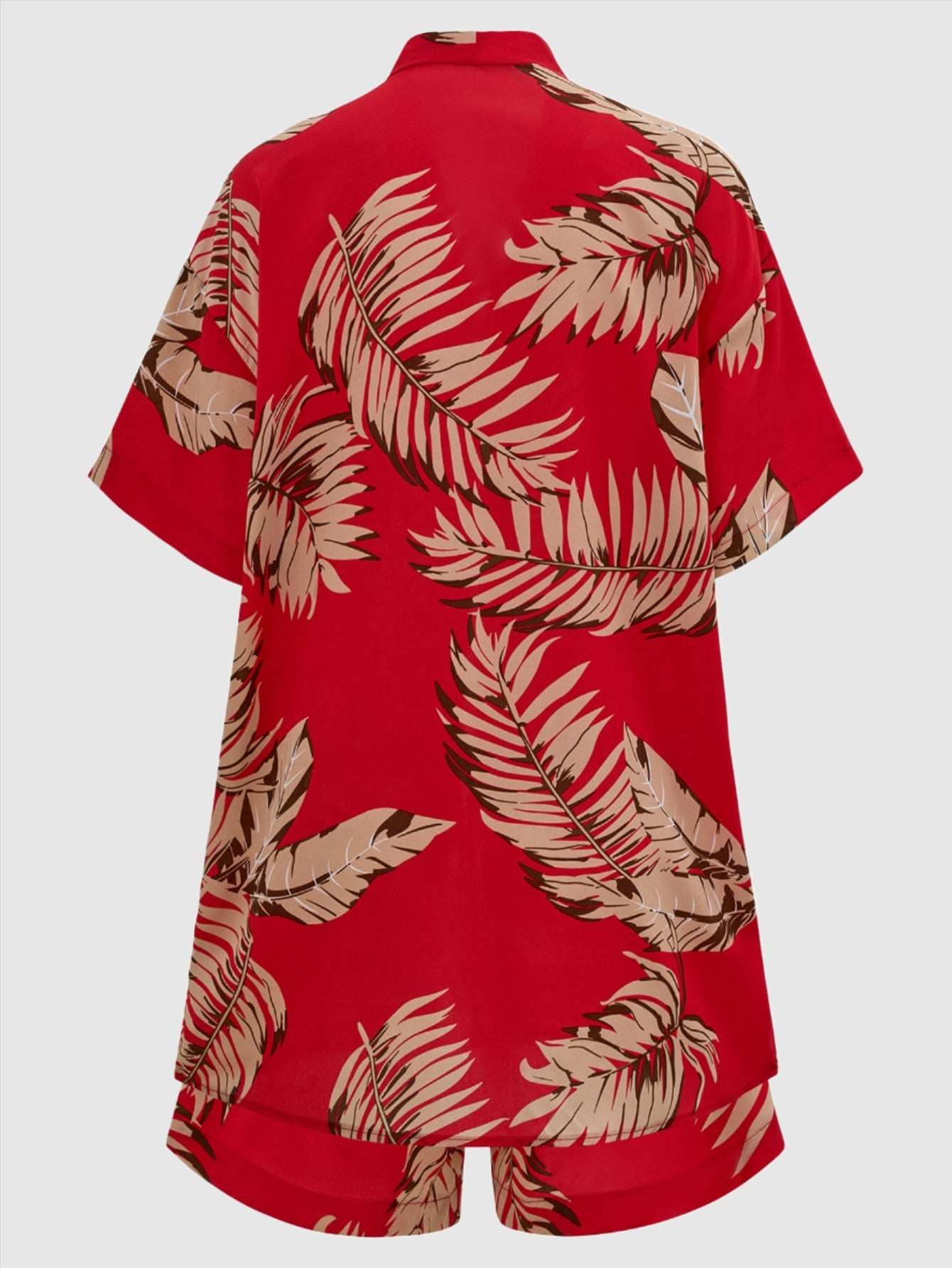 Women's Casual Leaves Print Short Sleeved Shirt And Shorts Outfit Set - ChoreGirl