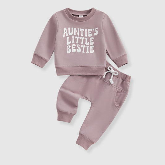 Baby Auntie's Little Bestie Print Long-sleeved Sweatshirt and Pants Two-piece Outfit Set - ChoreGirl