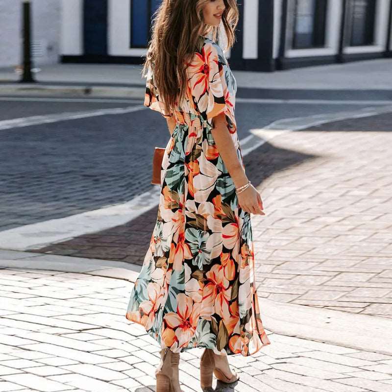 Women's Colorful Print Deep V-neck Split Dress - ChoreGirl