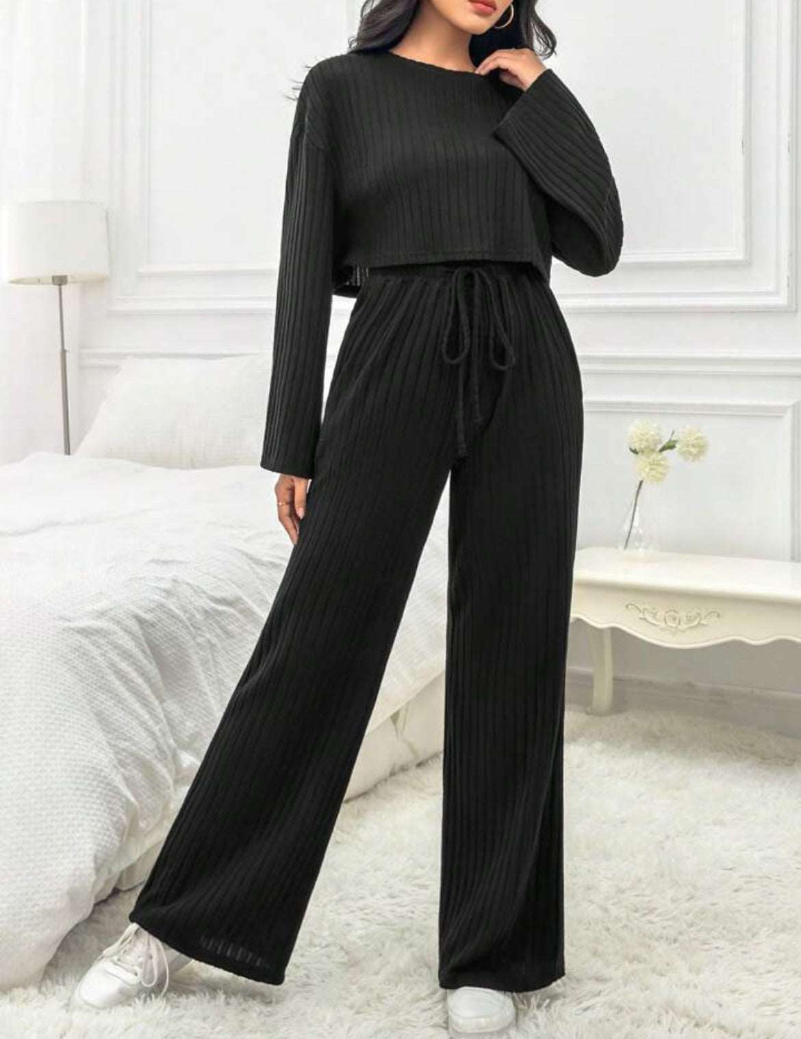 Women's Casual Loungewear Knitted Long Sleeve Top and Pants Outfit Set - ChoreGirl