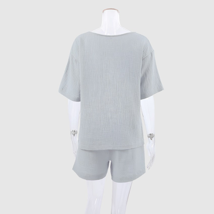 Women's Loose Double-layer Gauze Short-sleeved Shirt and Shorts Two-piece Pajamas Set - ChoreGirl