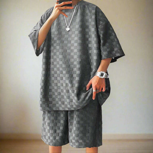 Men's Casual Loose Jacquard Plaid Short Sleeved T-Shirt and Shorts Outfit Set - ChoreGirl
