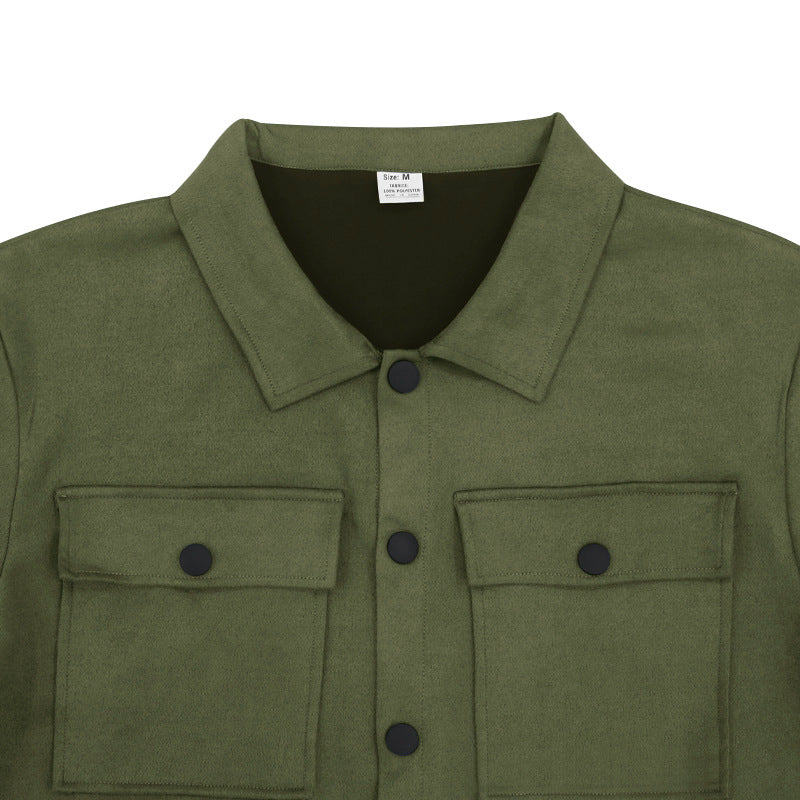 Men's Suede Single-breasted Solid Color Slim Fit Short Sleeved Shirt and Pants Two-piece Outfit Set - ChoreGirl