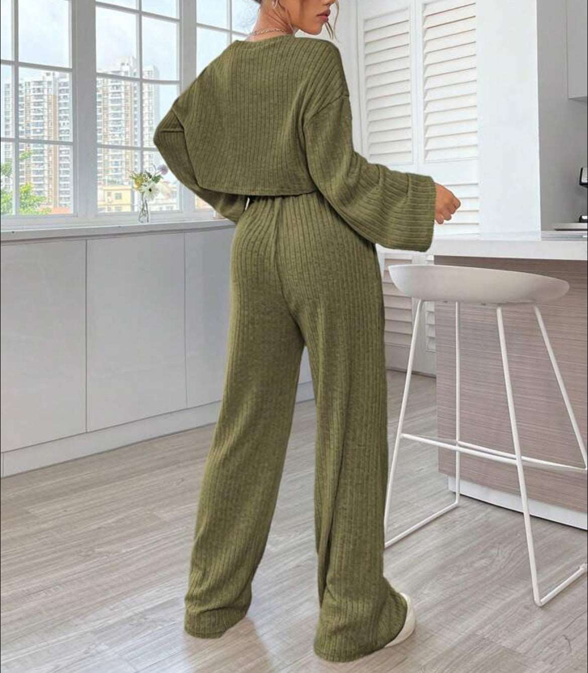 Women's Casual Loungewear Knitted Long Sleeve Top and Pants Outfit Set - ChoreGirl