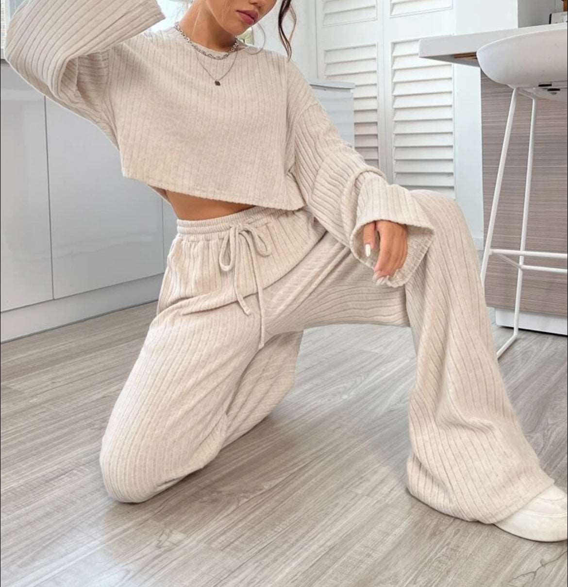 Women's Casual Loungewear Knitted Long Sleeve Top and Pants Outfit Set - ChoreGirl