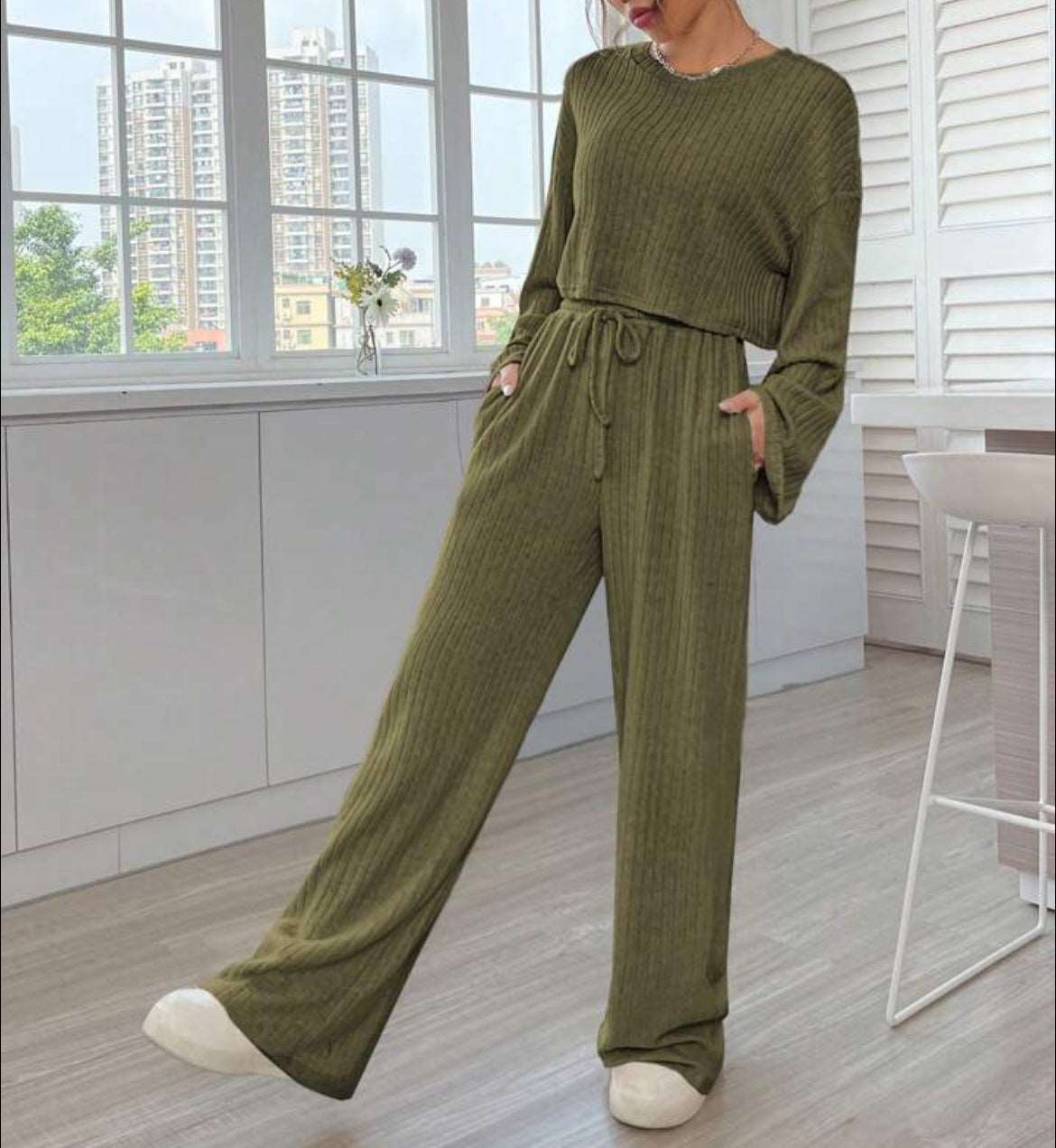 Women's Casual Loungewear Knitted Long Sleeve Top and Pants Outfit Set - ChoreGirl
