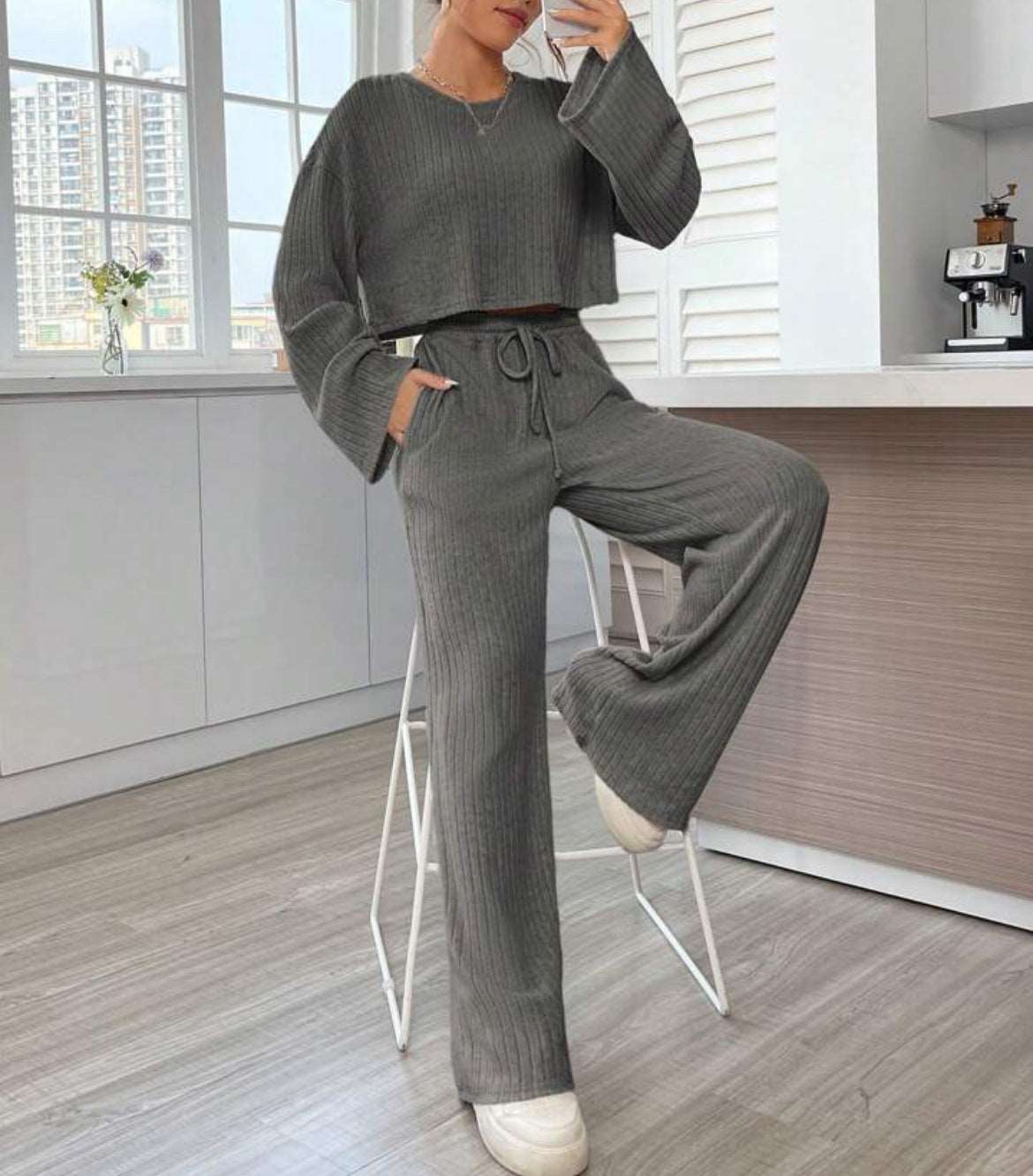 Women's Casual Loungewear Knitted Long Sleeve Top and Pants Outfit Set - ChoreGirl