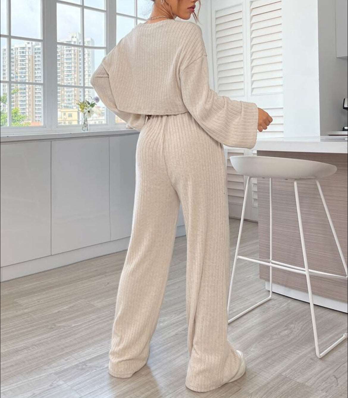 Women's Casual Loungewear Knitted Long Sleeve Top and Pants Outfit Set - ChoreGirl
