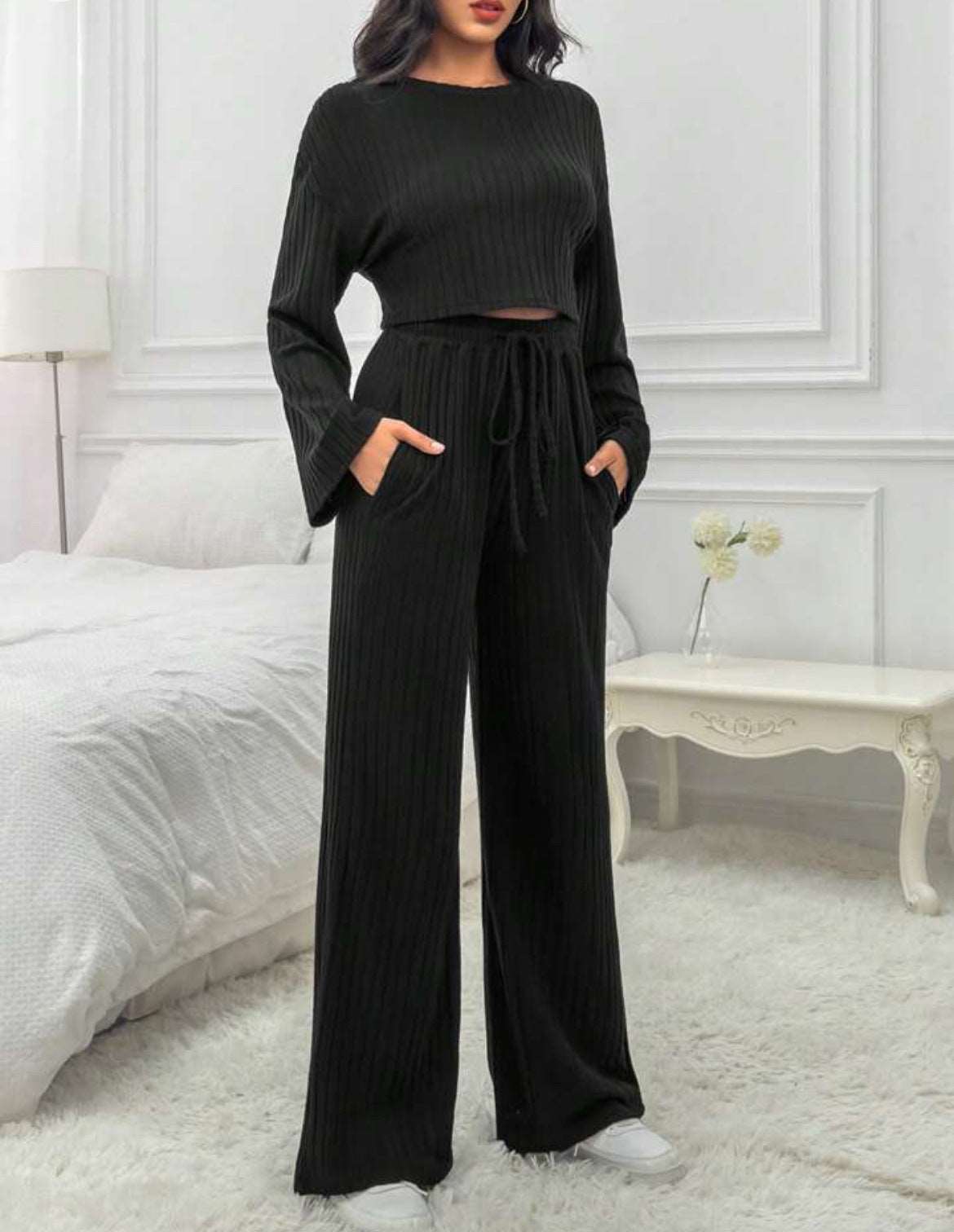 Women's Casual Loungewear Knitted Long Sleeve Top and Pants Outfit Set - ChoreGirl