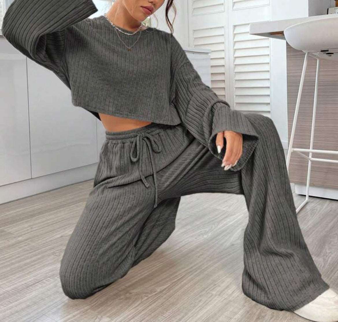 Women's Casual Loungewear Knitted Long Sleeve Top and Pants Outfit Set - ChoreGirl