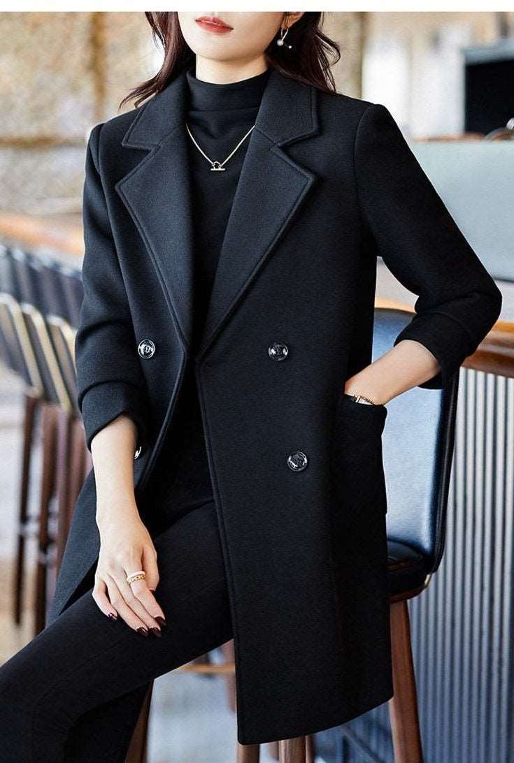 Women's Elegant Suit Jacket Black Double Breasted Coat - ChoreGirl