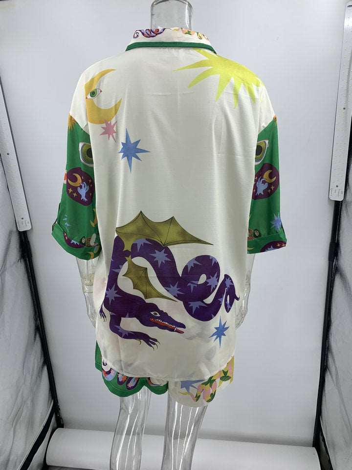 Women's Elegant Printed Short Sleeved Shirt and Shorts Loungewear Outfit Set - ChoreGirl