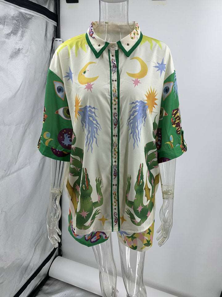 Women's Elegant Printed Short Sleeved Shirt and Shorts Loungewear Outfit Set - ChoreGirl