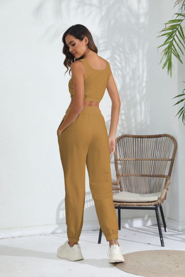 Women's Casual Cropped Tank Top and Pants Two-piece Outfit Set - ChoreGirl