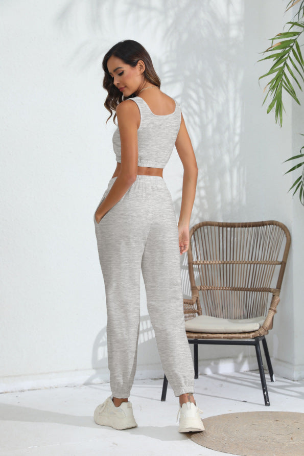 Women's Casual Cropped Tank Top and Pants Two-piece Outfit Set - ChoreGirl
