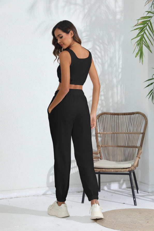 Women's Casual Cropped Tank Top and Pants Two-piece Outfit Set - ChoreGirl