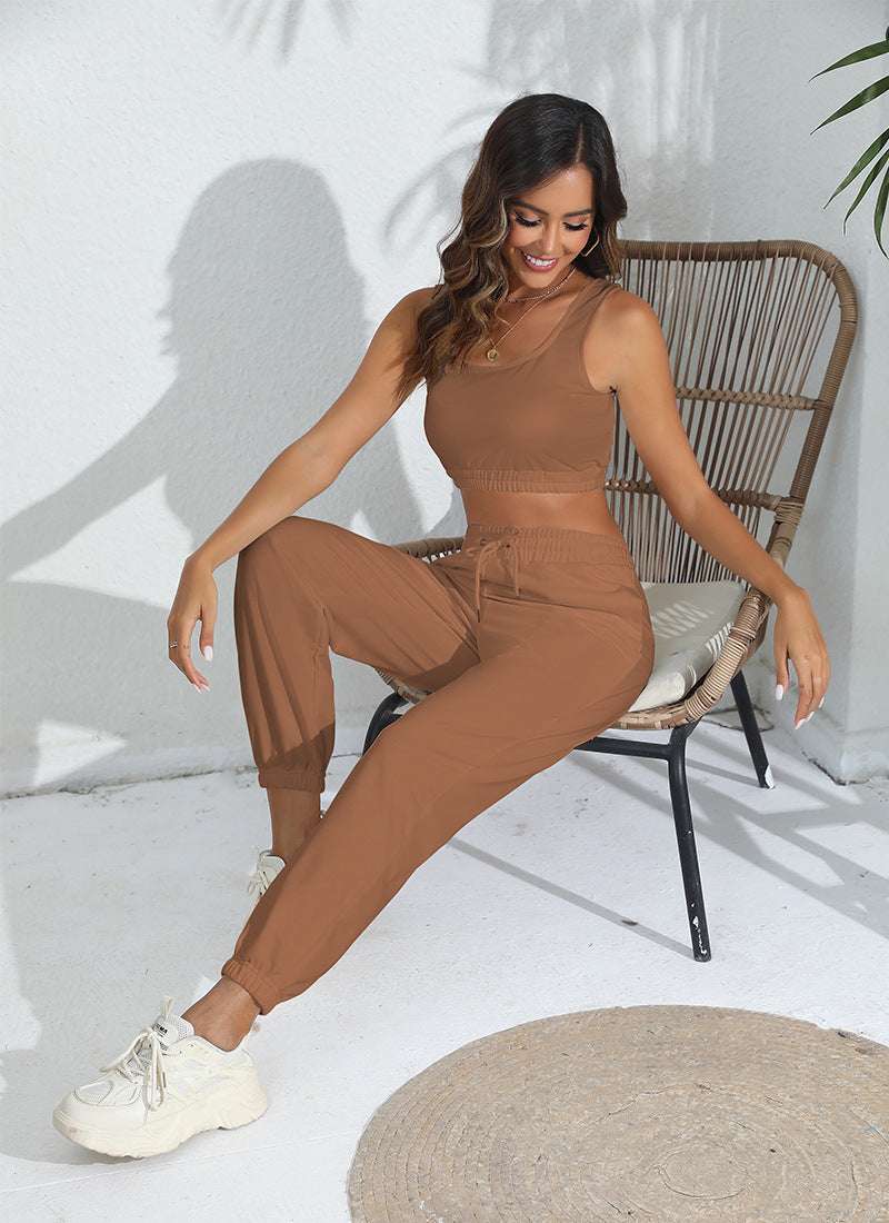 Women's Casual Cropped Tank Top and Pants Two-piece Outfit Set - ChoreGirl