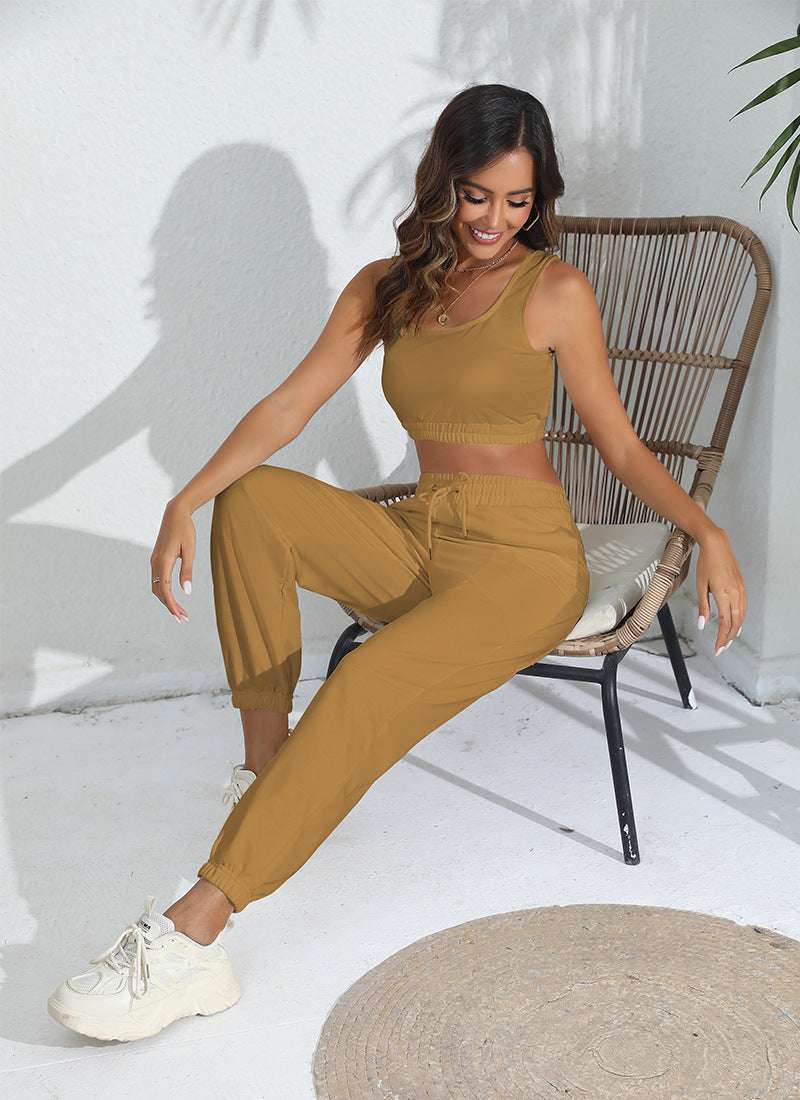 Women's Casual Cropped Tank Top and Pants Two-piece Outfit Set - ChoreGirl