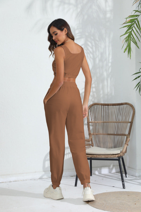 Women's Casual Cropped Tank Top and Pants Two-piece Outfit Set - ChoreGirl