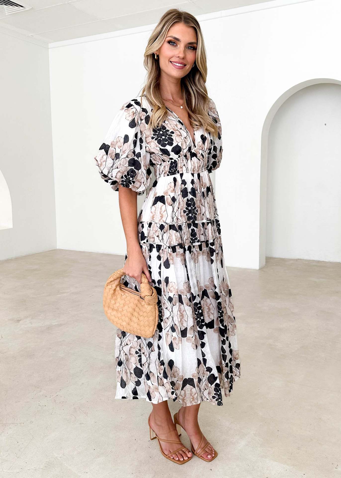 Women's Colorful Printed V-neck Puff Sleeve Dress - ChoreGirl