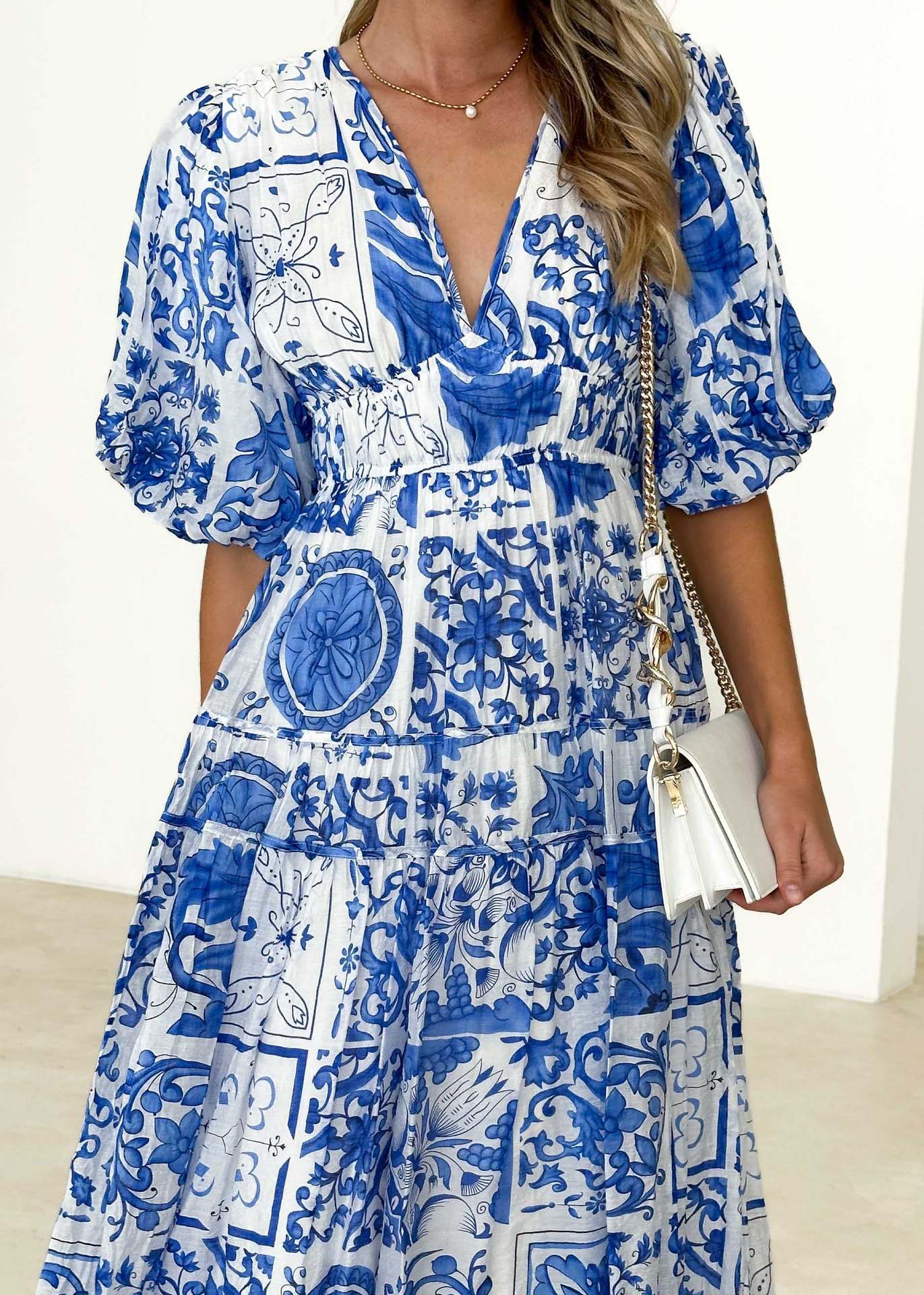 Women's Colorful Printed V-neck Puff Sleeve Dress - ChoreGirl