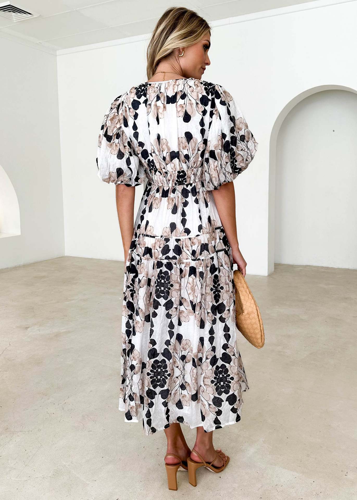 Women's Colorful Printed V-neck Puff Sleeve Dress - ChoreGirl