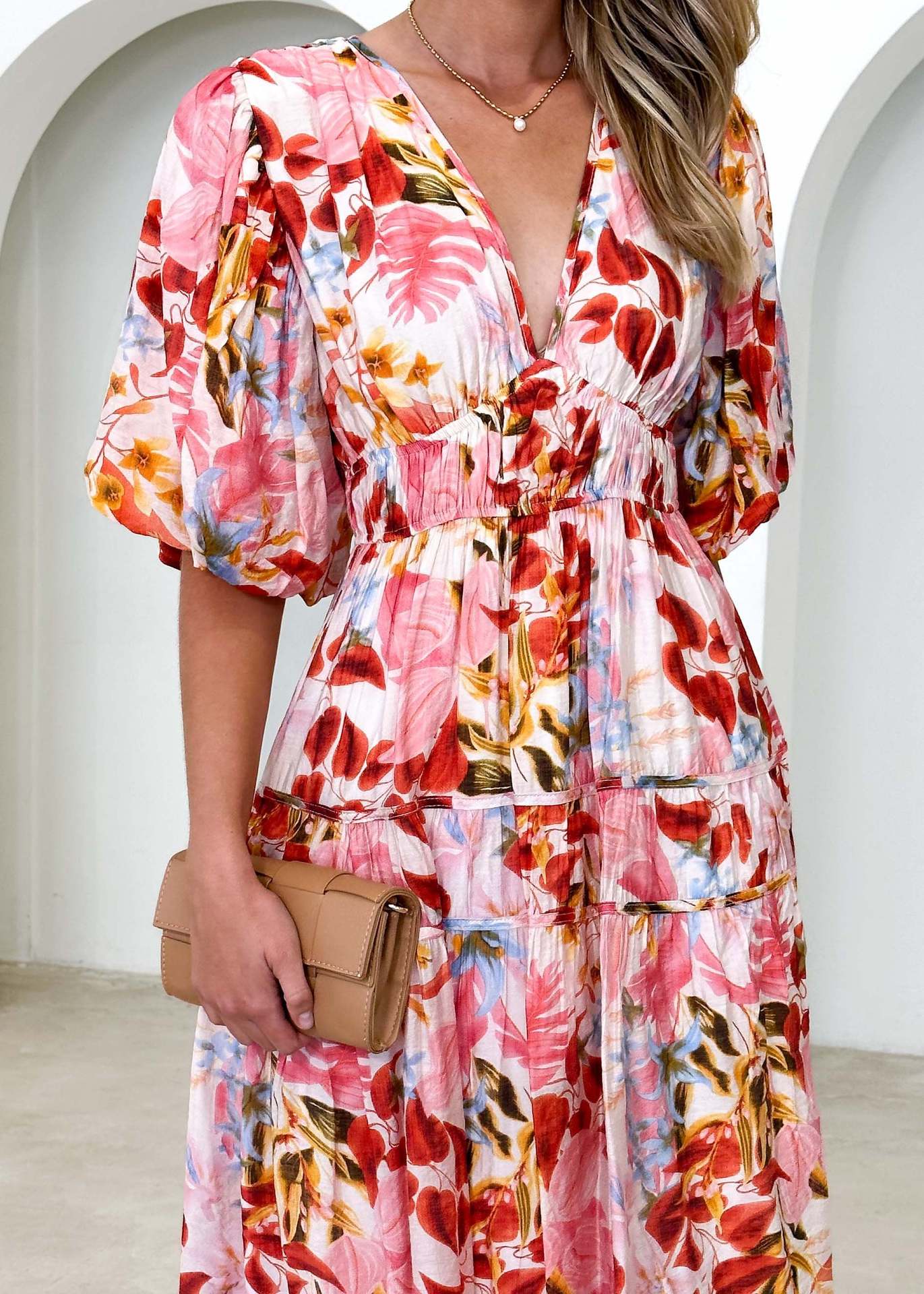 Women's Colorful Printed V-neck Puff Sleeve Dress - ChoreGirl