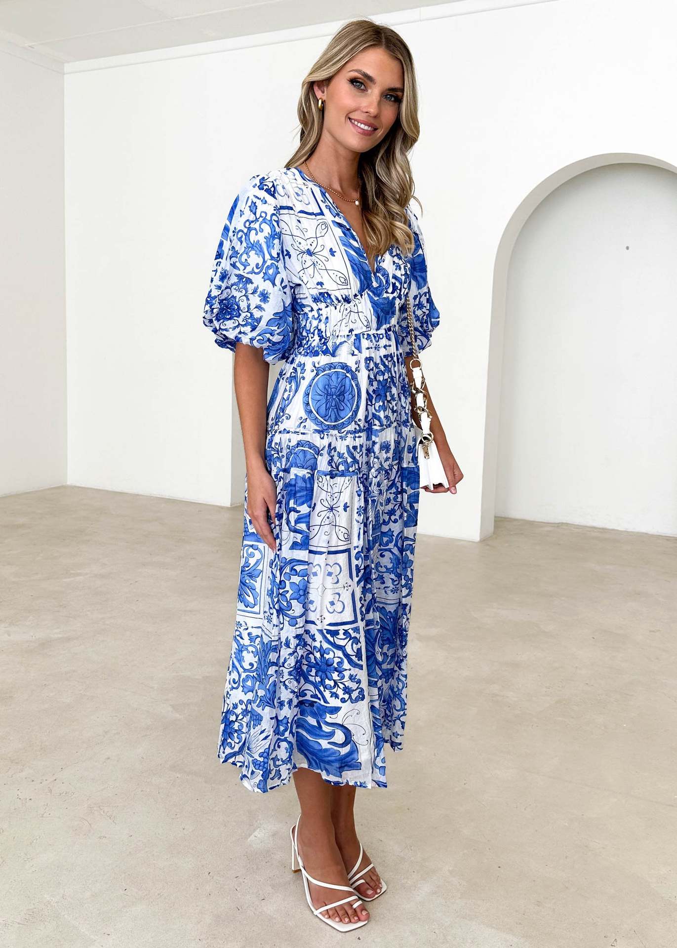 Women's Colorful Printed V-neck Puff Sleeve Dress - ChoreGirl