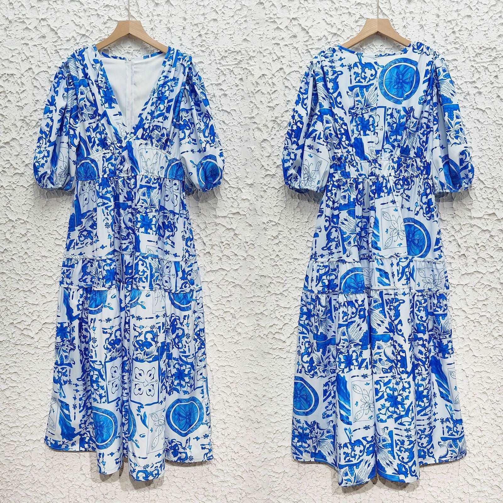 Women's Colorful Printed V-neck Puff Sleeve Dress - ChoreGirl