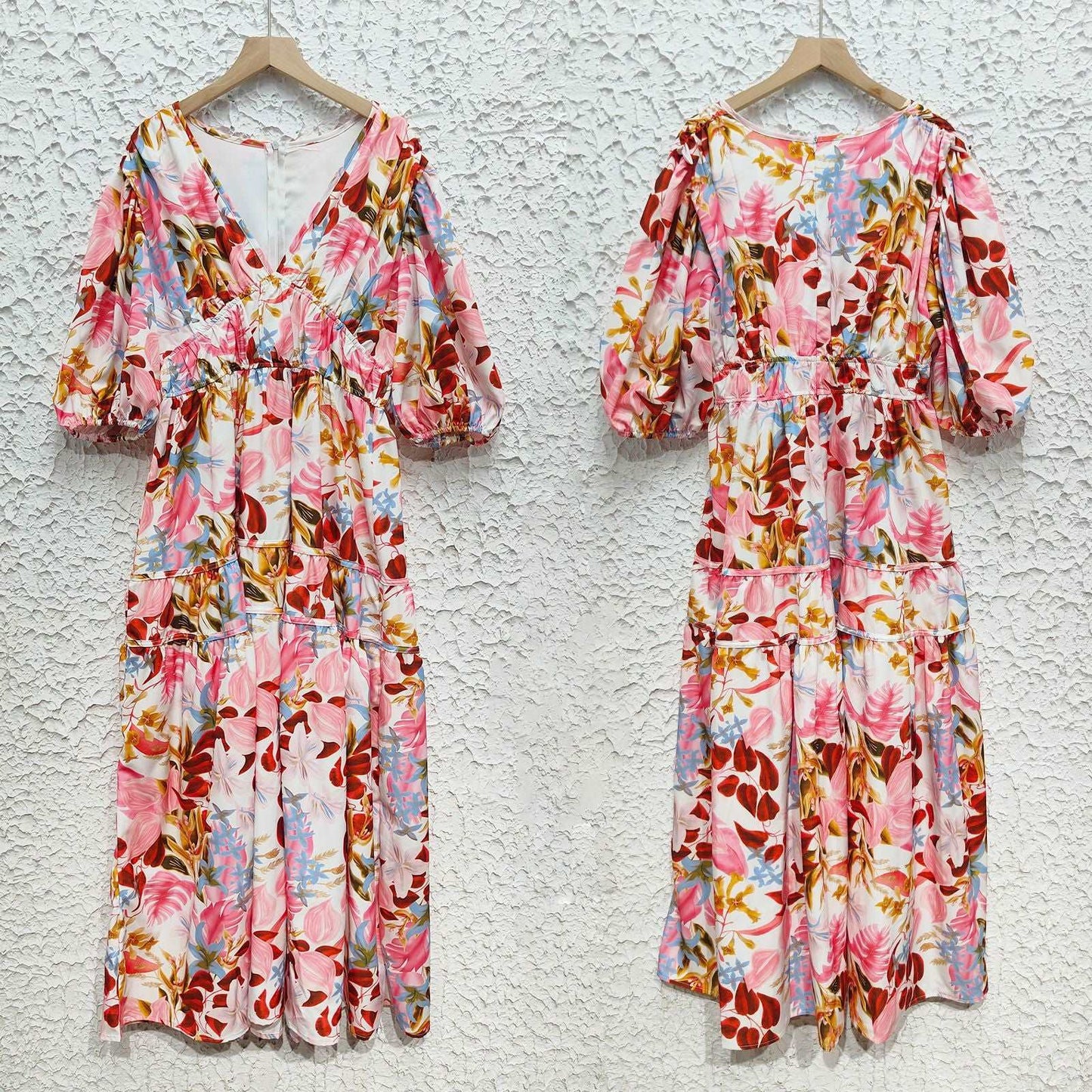 Women's Colorful Printed V-neck Puff Sleeve Dress - ChoreGirl