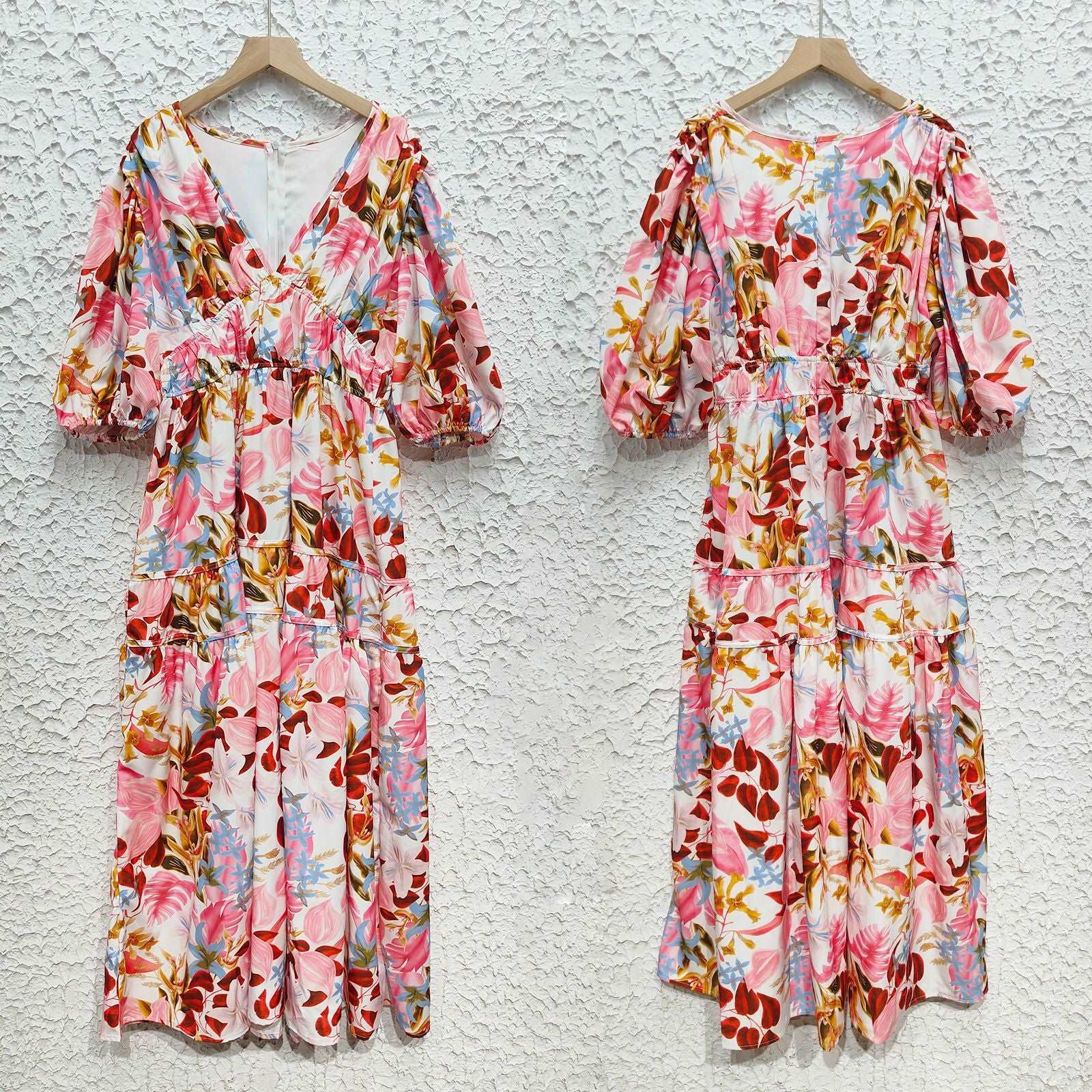 Women's Colorful Printed V-neck Puff Sleeve Dress - ChoreGirl