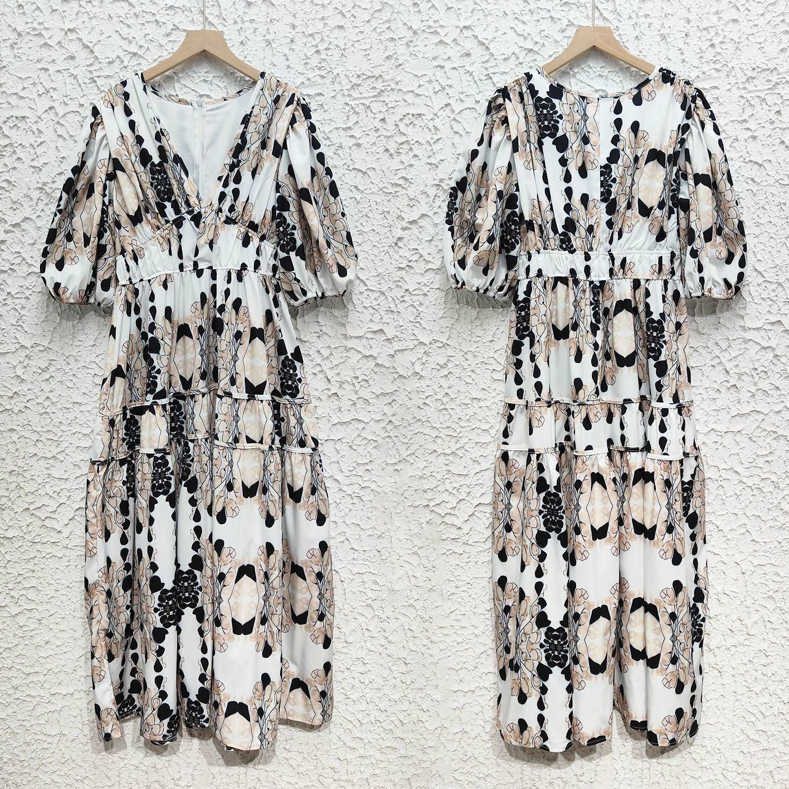 Women's Colorful Printed V-neck Puff Sleeve Dress - ChoreGirl