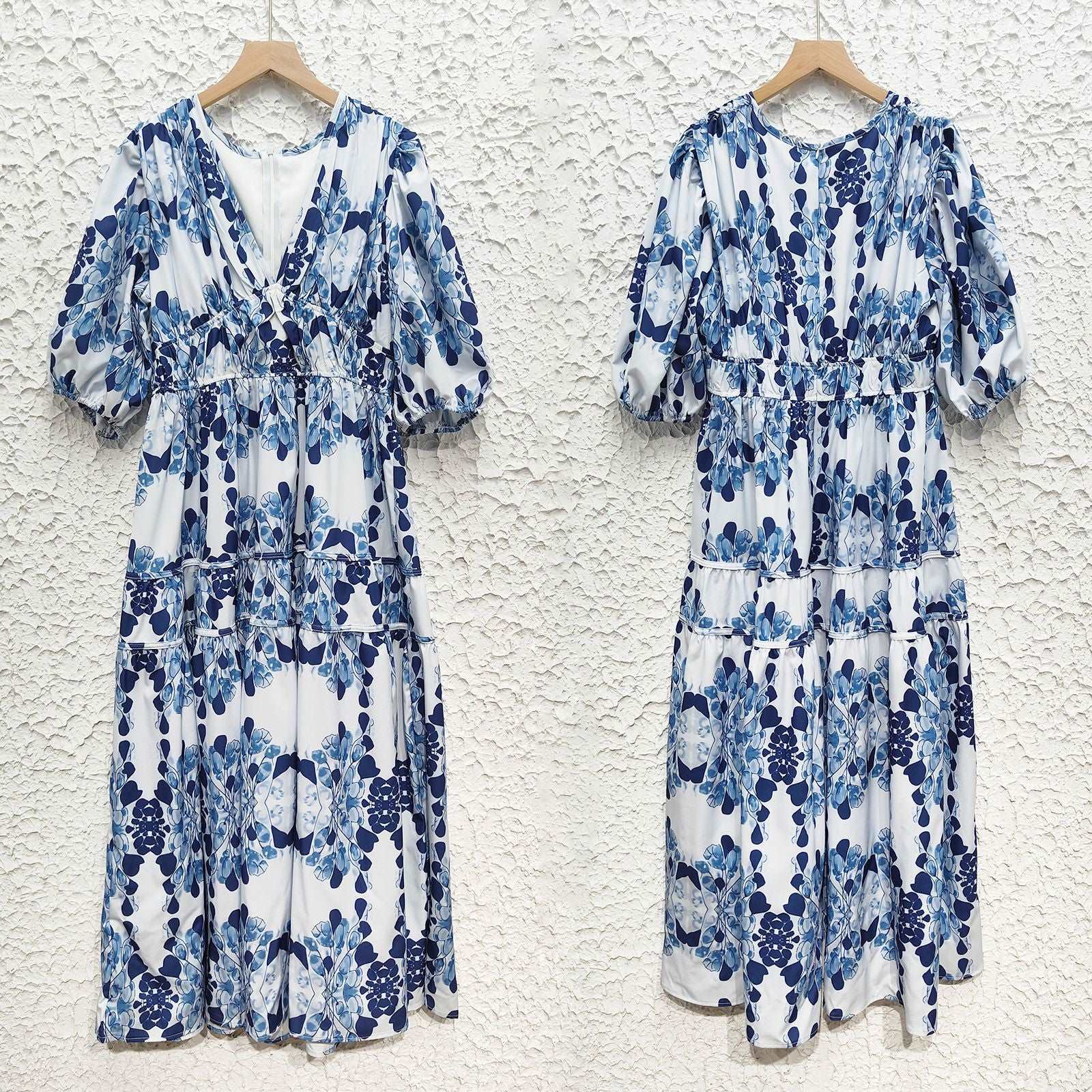 Women's Colorful Printed V-neck Puff Sleeve Dress - ChoreGirl