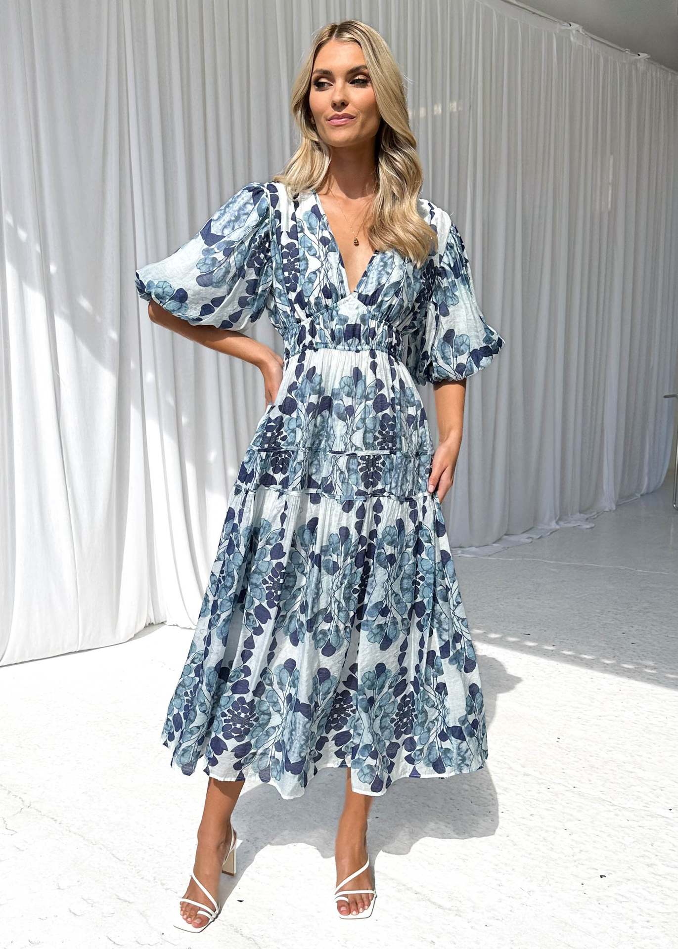 Women's Colorful Printed V-neck Puff Sleeve Dress - ChoreGirl