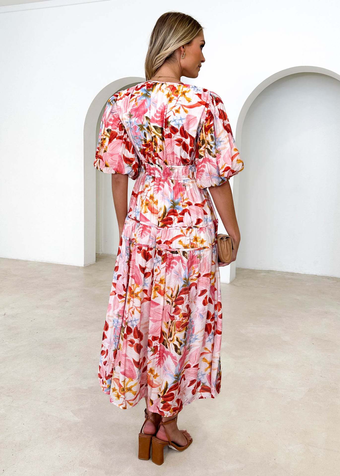 Women's Colorful Printed V-neck Puff Sleeve Dress - ChoreGirl