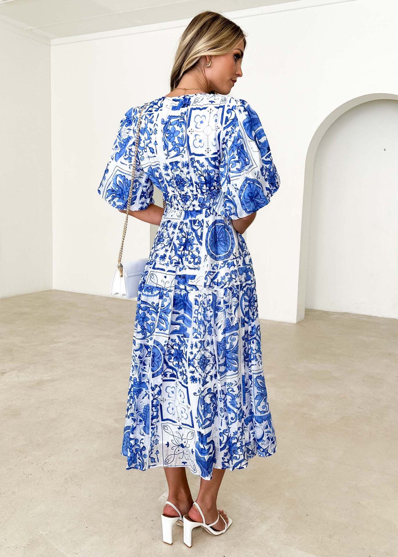 Women's Colorful Printed V-neck Puff Sleeve Dress - ChoreGirl