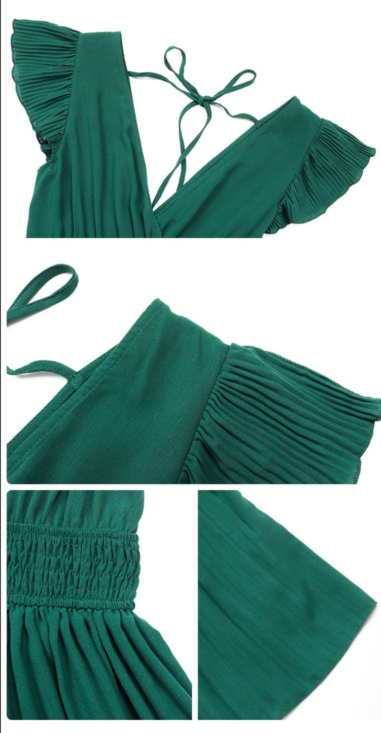 Women's Fashion V-neck High Waist Plated Swing Dress - ChoreGirl