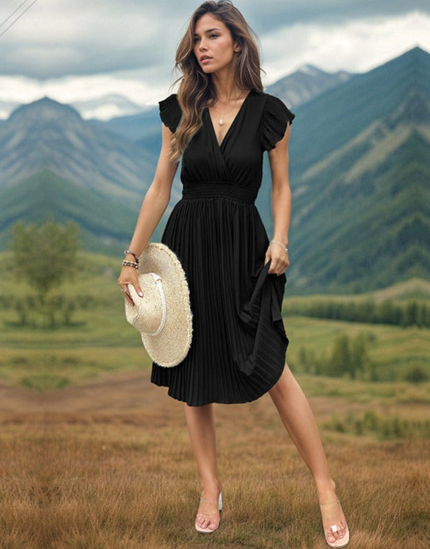 Women's Fashion V-neck High Waist Plated Swing Dress - ChoreGirl