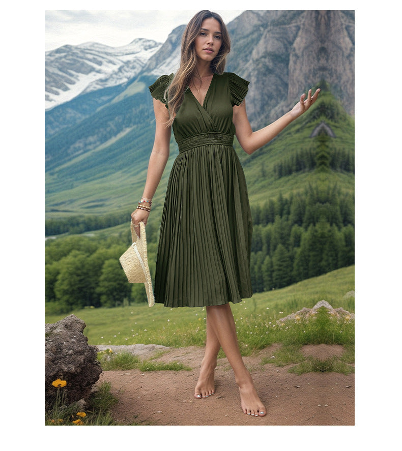 Women's Fashion V-neck High Waist Plated Swing Dress - ChoreGirl