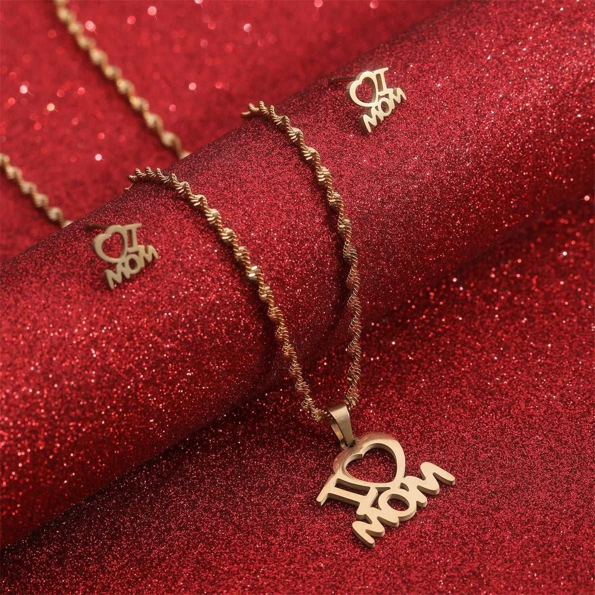 Women's Mother's Day Stainless Steel I Love Mom Heart Pendant Necklace and Earrings Jewelry Set - ChoreGirl
