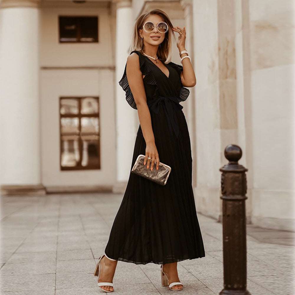 Women's Elegant Ruffle Sleeve Slim Fit Chiffon Dress - ChoreGirl