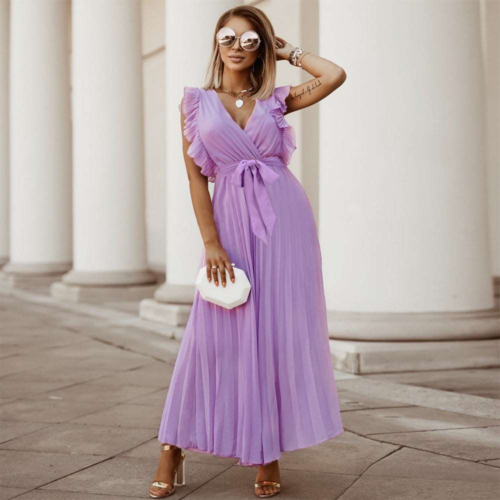 Women's Elegant Ruffle Sleeve Slim Fit Chiffon Dress - ChoreGirl