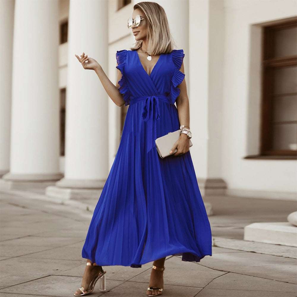Women's Elegant Ruffle Sleeve Slim Fit Chiffon Dress - ChoreGirl
