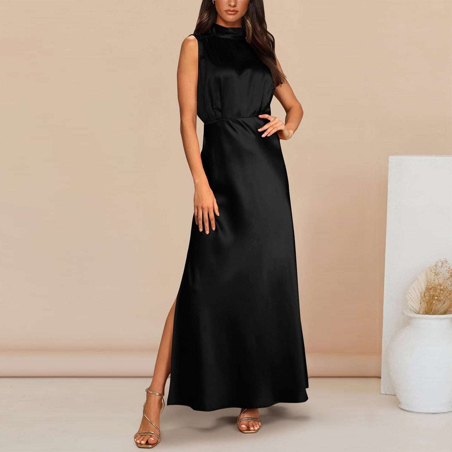 Women's Elegant Satin Stand Collar Long Dress - ChoreGirl