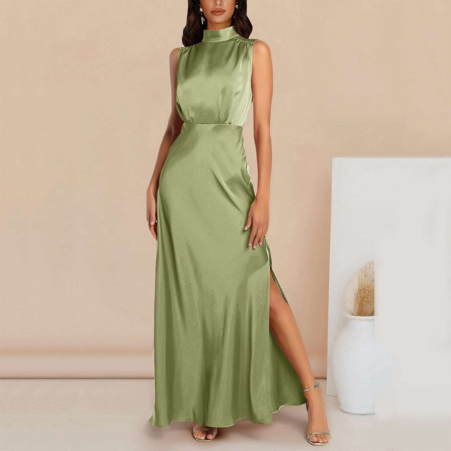 Women's Elegant Satin Stand Collar Long Dress - ChoreGirl