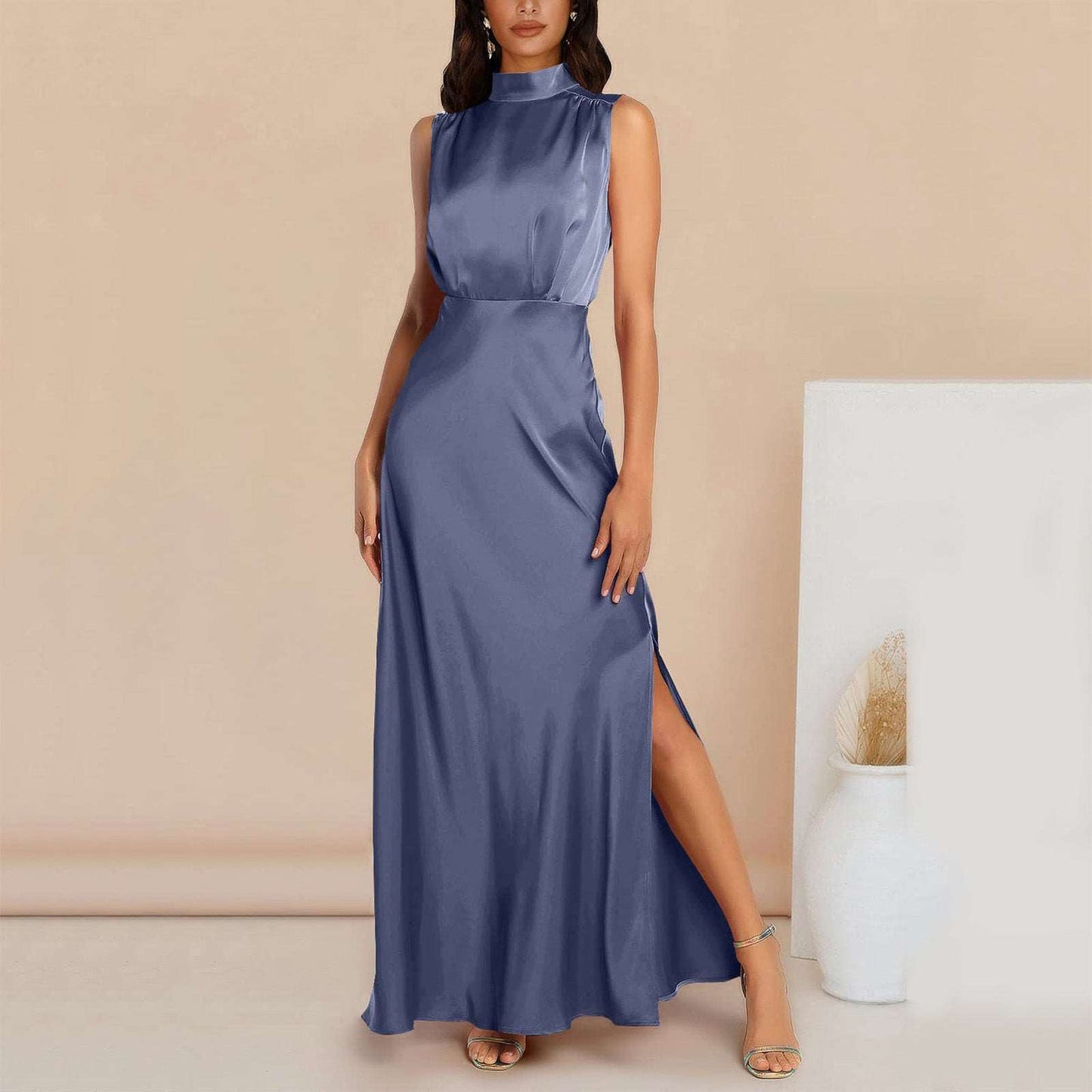 Women's Elegant Satin Stand Collar Long Dress - ChoreGirl