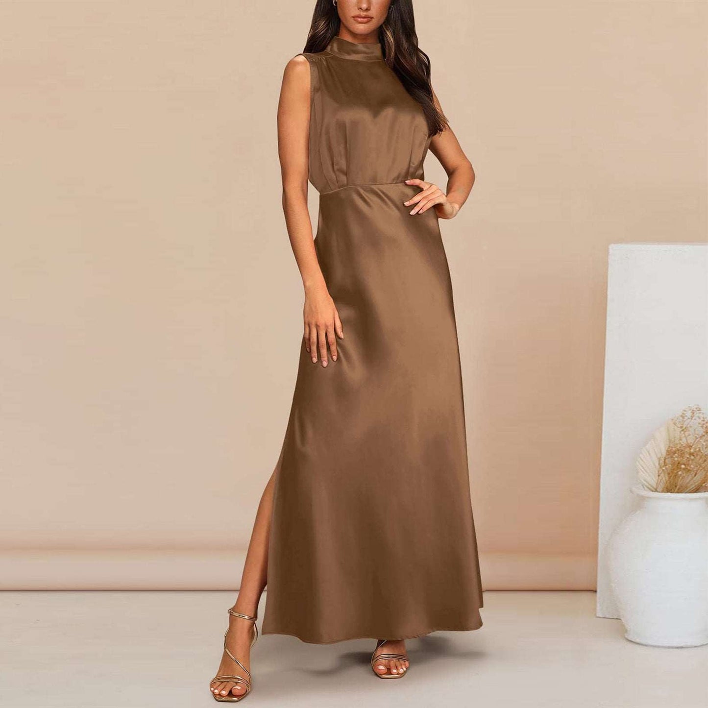 Women's Elegant Satin Stand Collar Long Dress - ChoreGirl